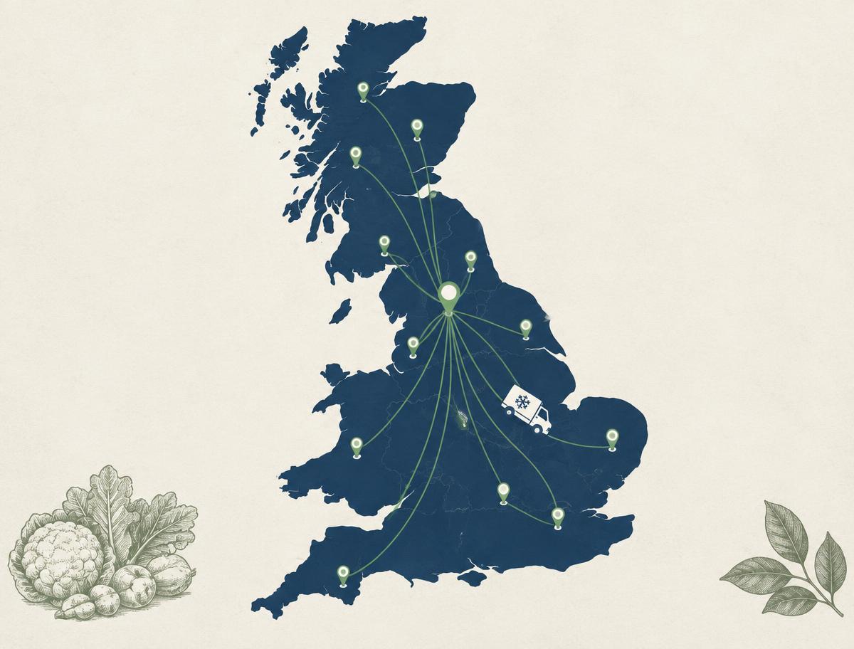 UK delivery coverage map showing routes from the GAGG FOODS Bradford hub